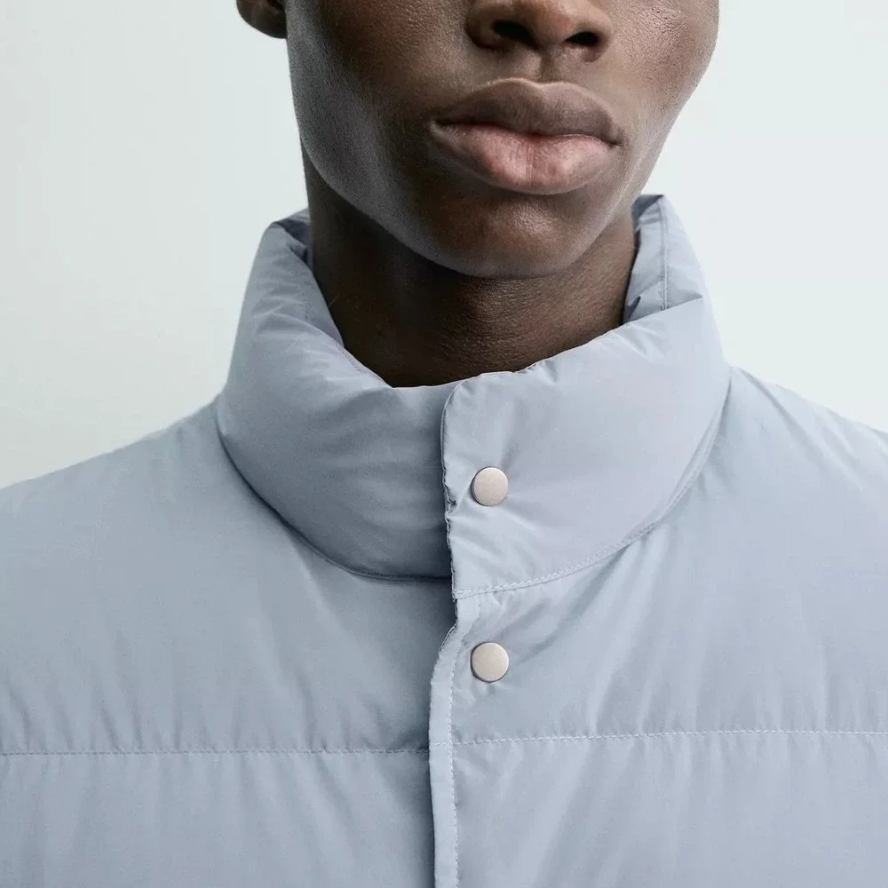 ZARA 100% Down Mens Puffer Vest Light Blue Quilted Snap Button Winter Cozy